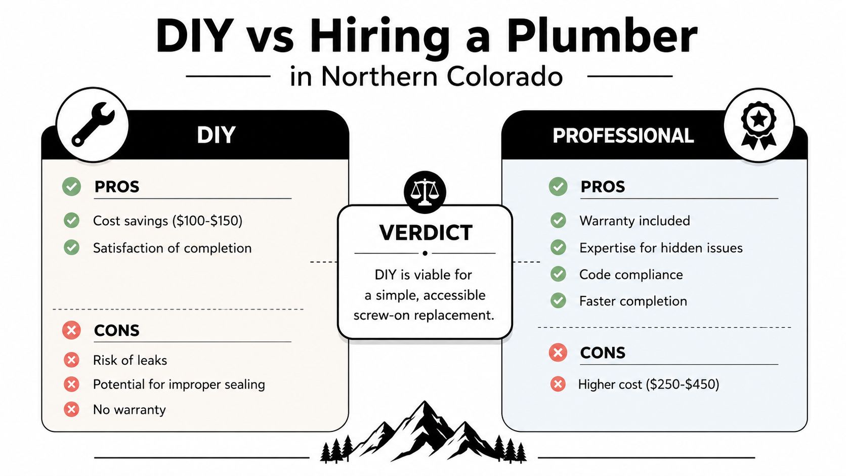 A comparison infographic showing the pros and cons of DIY plumbing versus hiring a professional plumber.