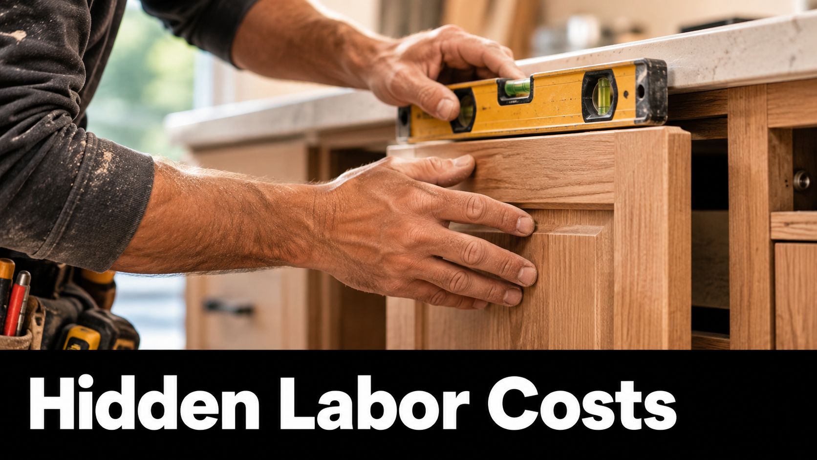 A professional carpenter installing wooden kitchen cabinets while using a level tool to ensure proper alignment.