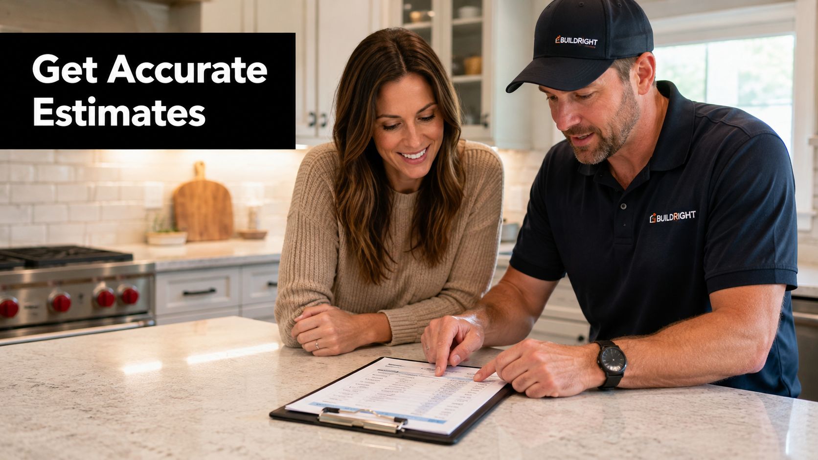 A contractor from BuildRight discusses a home renovation estimate with a smiling female homeowner in a kitchen.