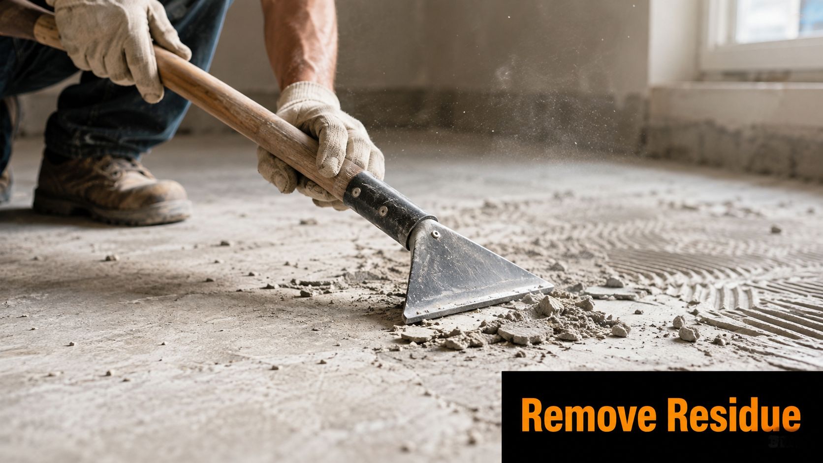 A construction worker uses a long-handled floor scraper to remove old adhesive residue from a concrete floor.