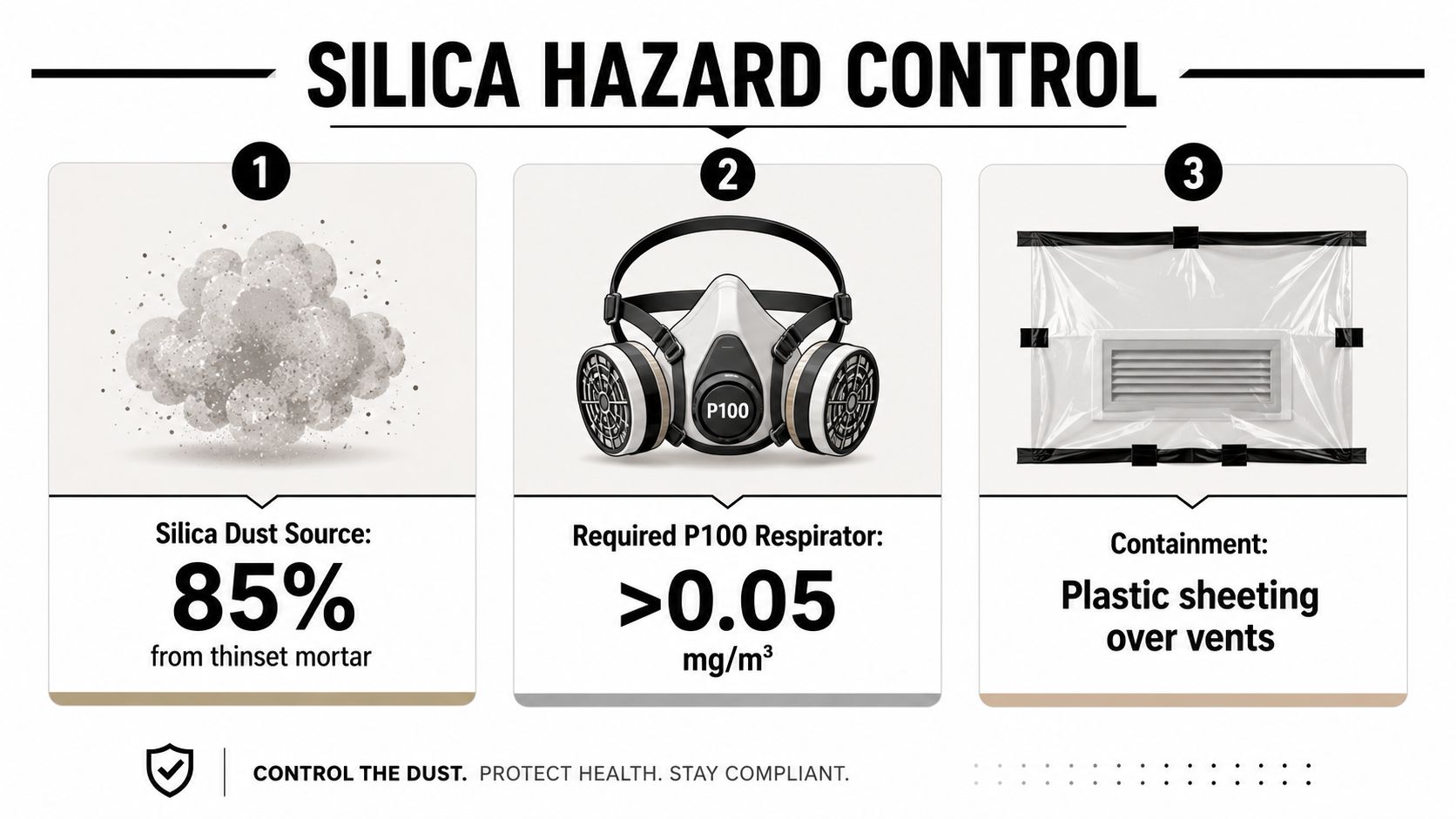 A safety infographic illustrating three steps for silica dust hazard control on a construction site.