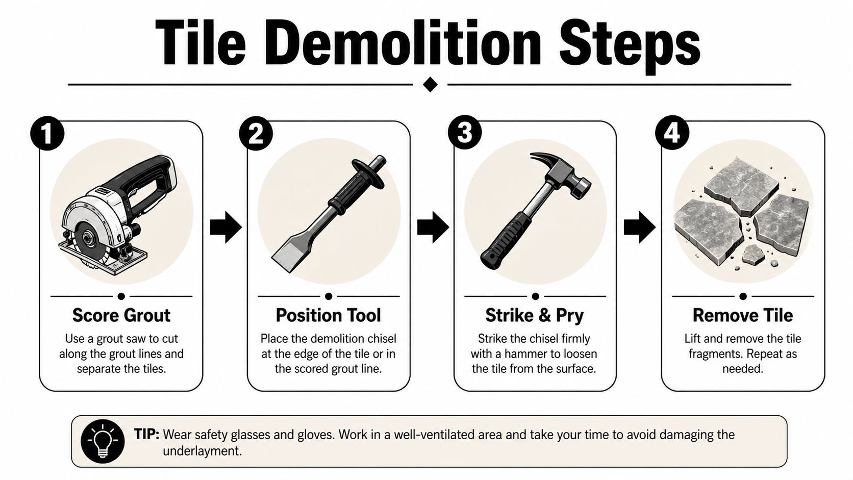 An infographic showing four steps for tile demolition including scoring grout, positioning a chisel, striking, and removal.