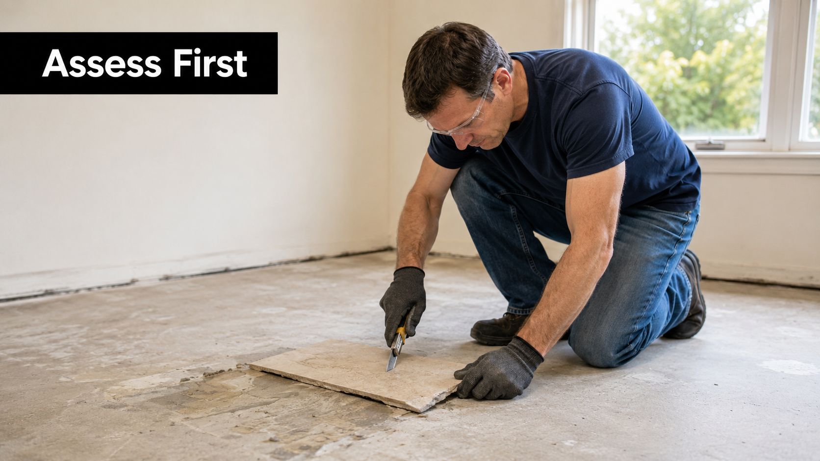 A professional construction worker uses a utility knife to remove old tile from a concrete floor.