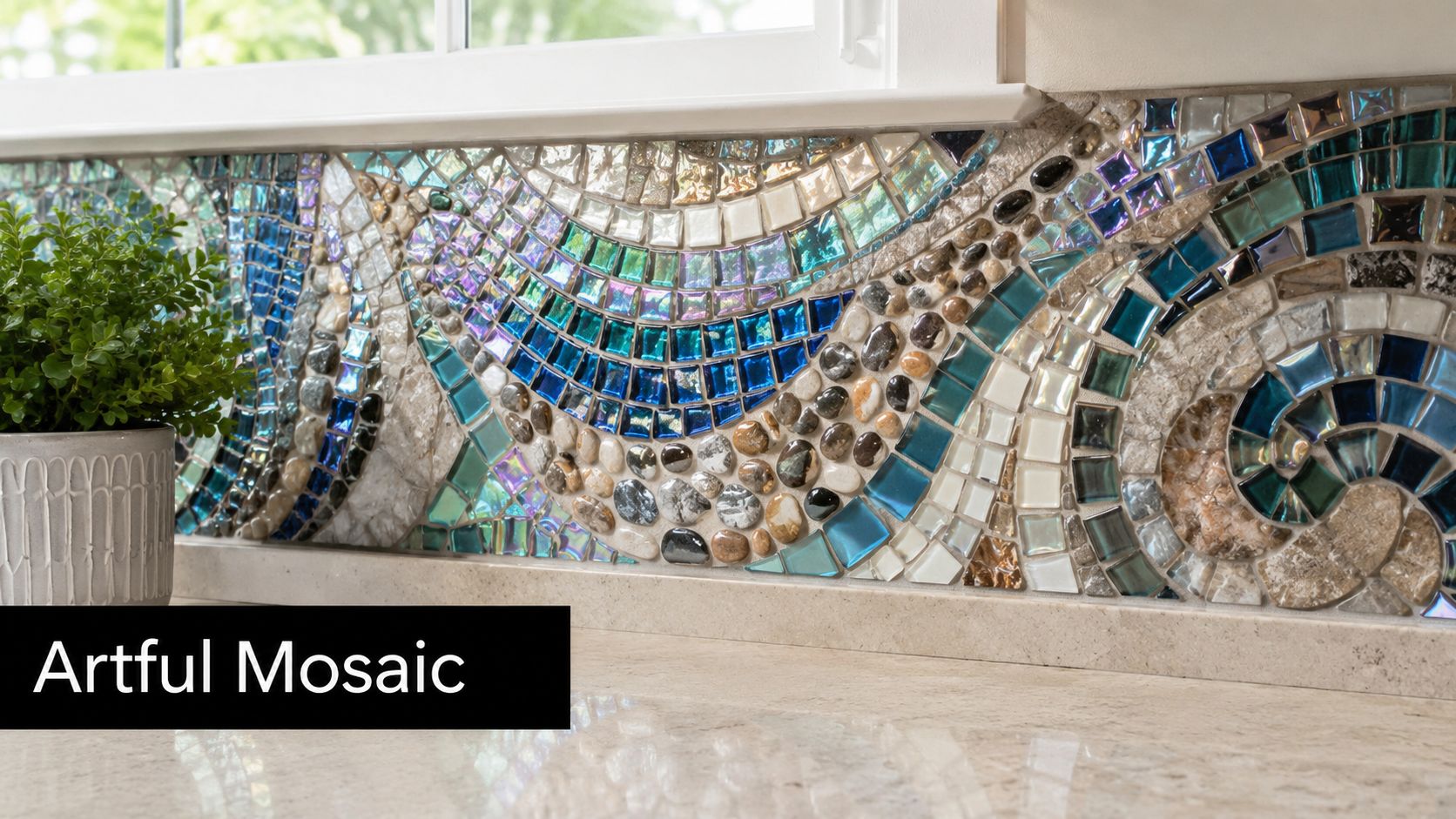 A close-up of a kitchen backsplash with an intricate blue and earth-toned artistic glass mosaic design.
