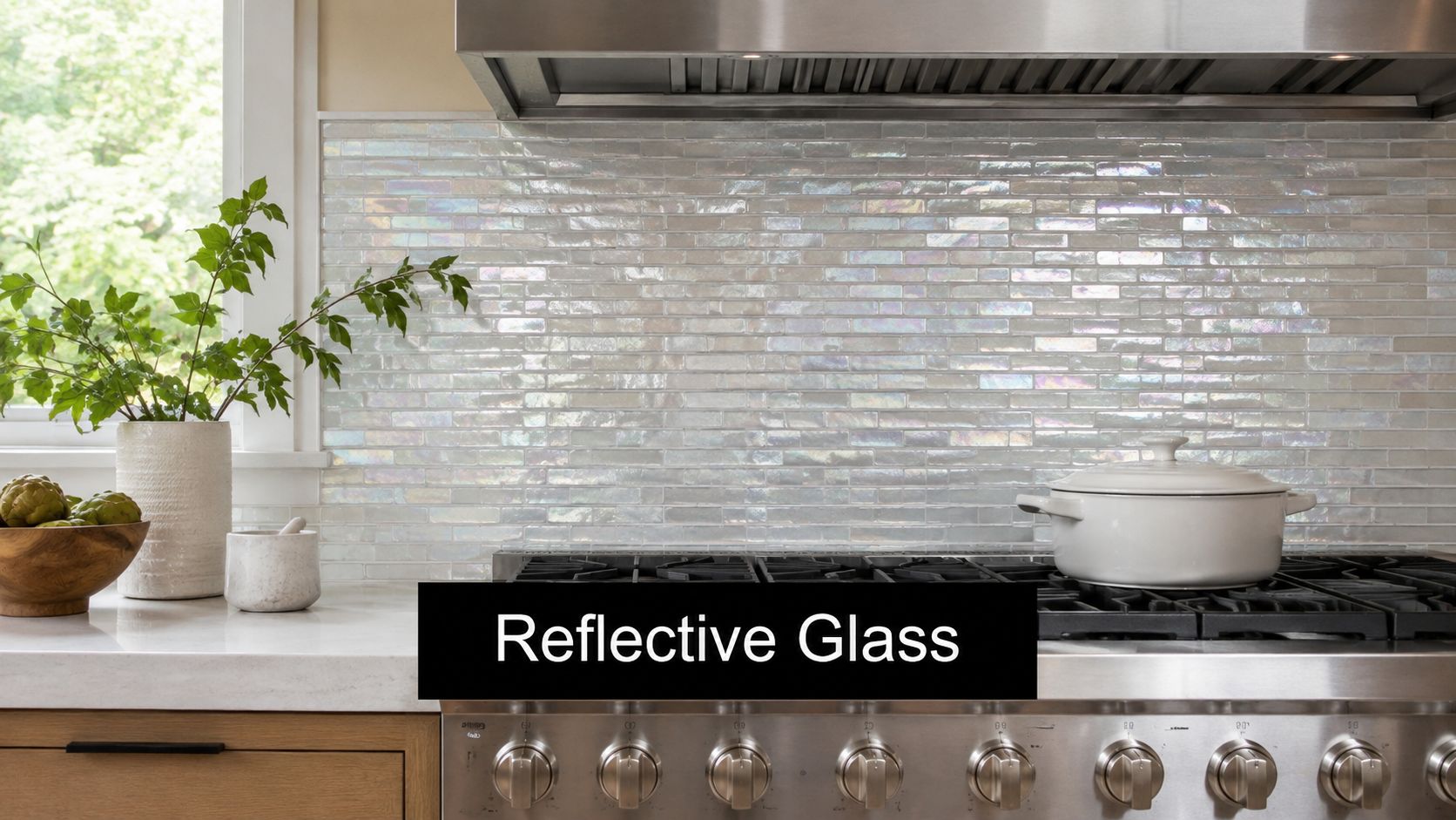 A modern kitchen backsplash featuring iridescent reflective glass tiles behind a stainless steel stove with a white pot.