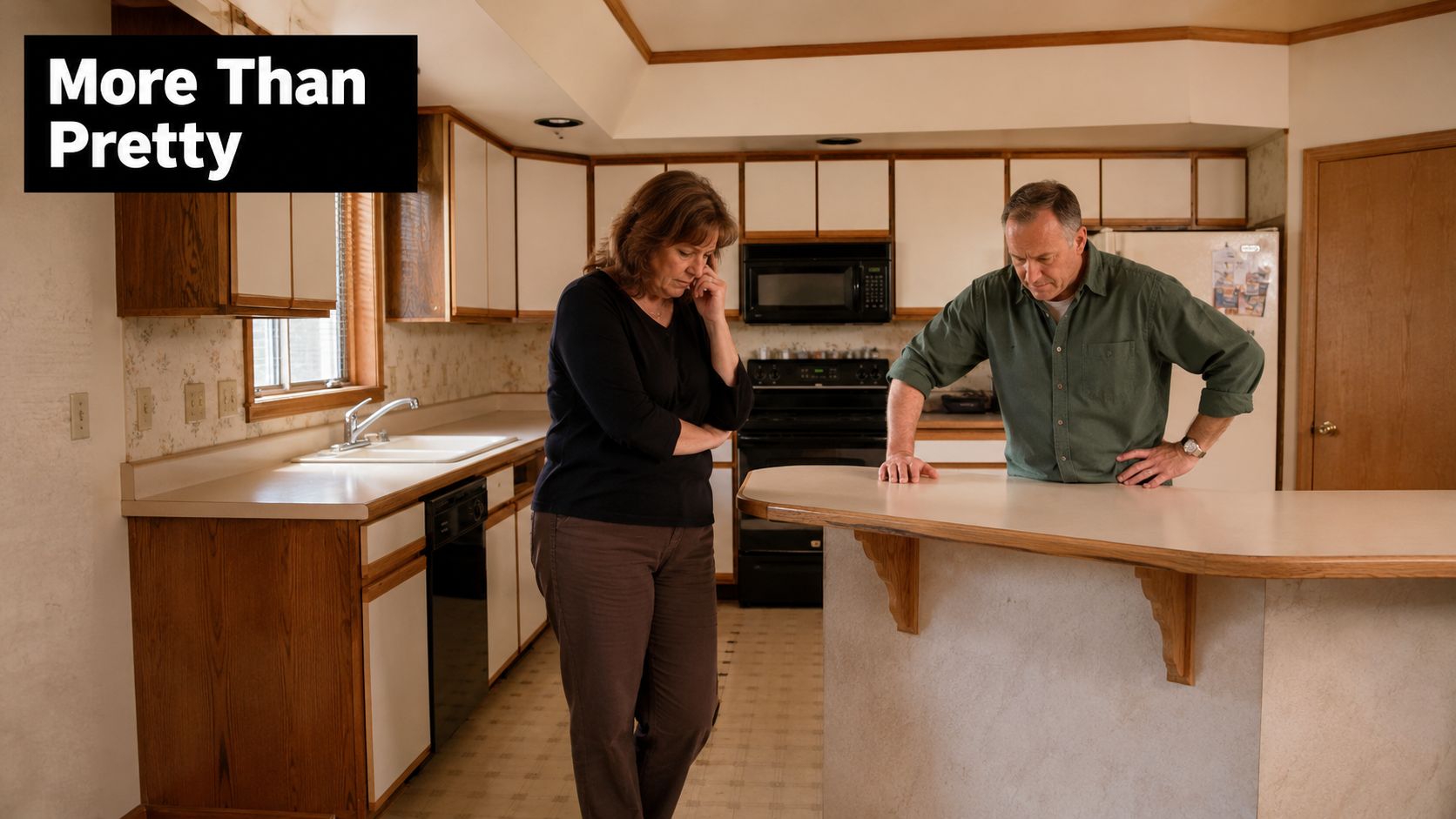 A couple looks concerned while standing in their outdated kitchen, contemplating a potential home renovation project.