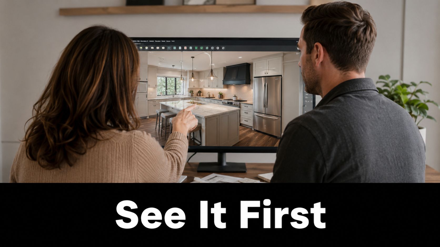 A couple looking at a computer screen displaying a realistic 3D design of a modern kitchen remodel.