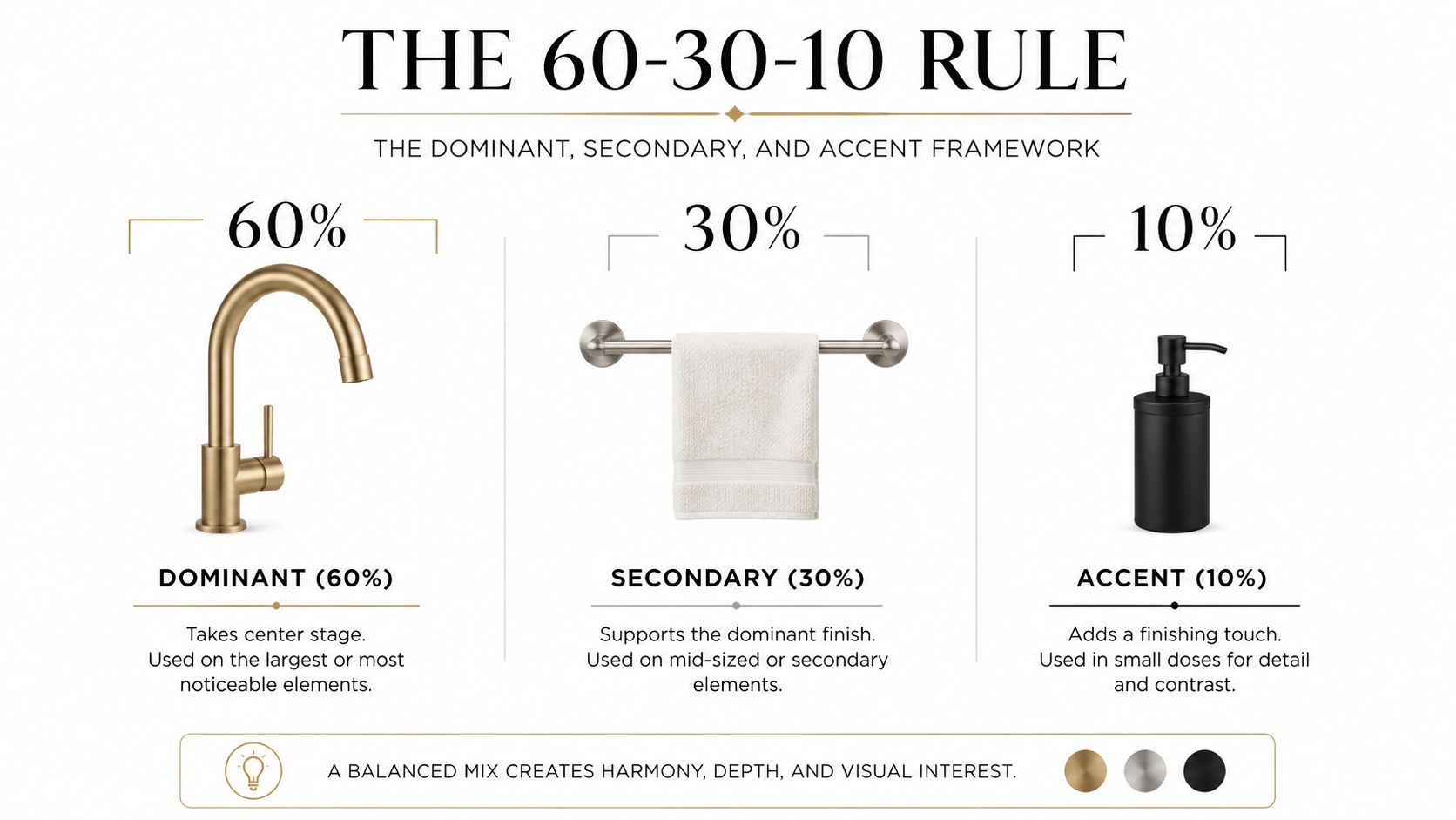 A graphic explaining the 60-30-10 design rule for choosing and balancing bathroom fixture metal finishes.