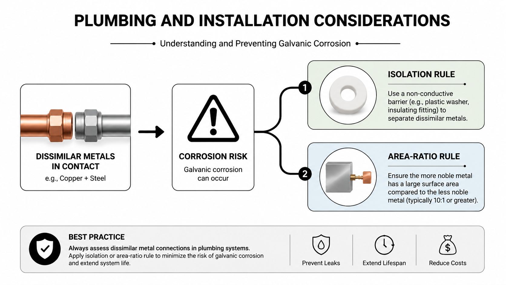 An infographic illustrating how to prevent galvanic corrosion in mixed metal plumbing installations through isolation or area-ratio rules.