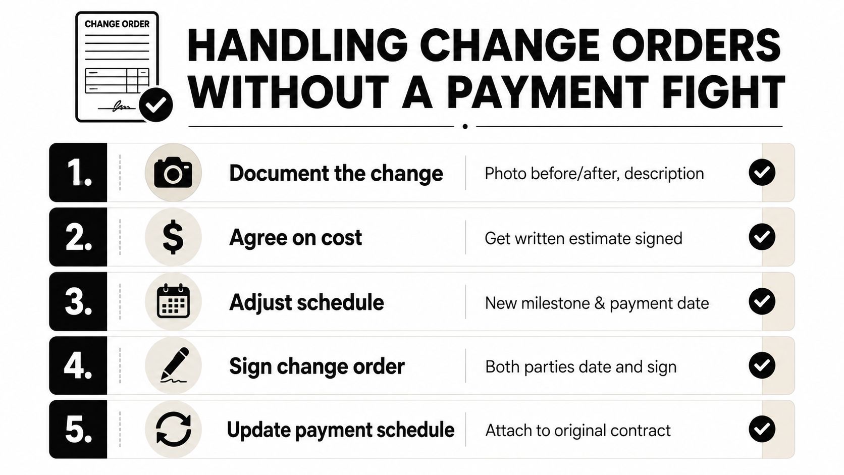 A five-step guide on how to manage construction change orders to avoid disputes over payments.