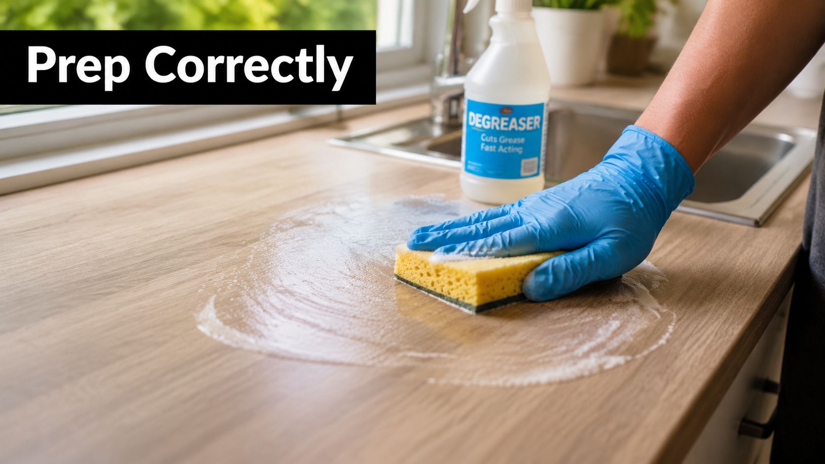 A person wearing a blue glove cleans a wood-grain laminate countertop with a yellow sponge and degreaser.