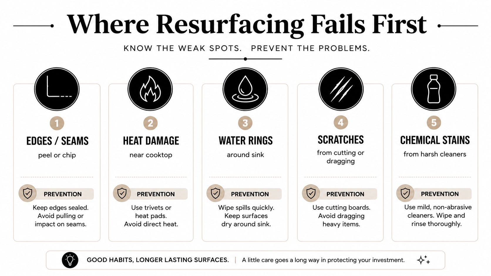 An infographic titled Where Resurfacing Fails First, illustrating five common causes of countertop wear and prevention tips.