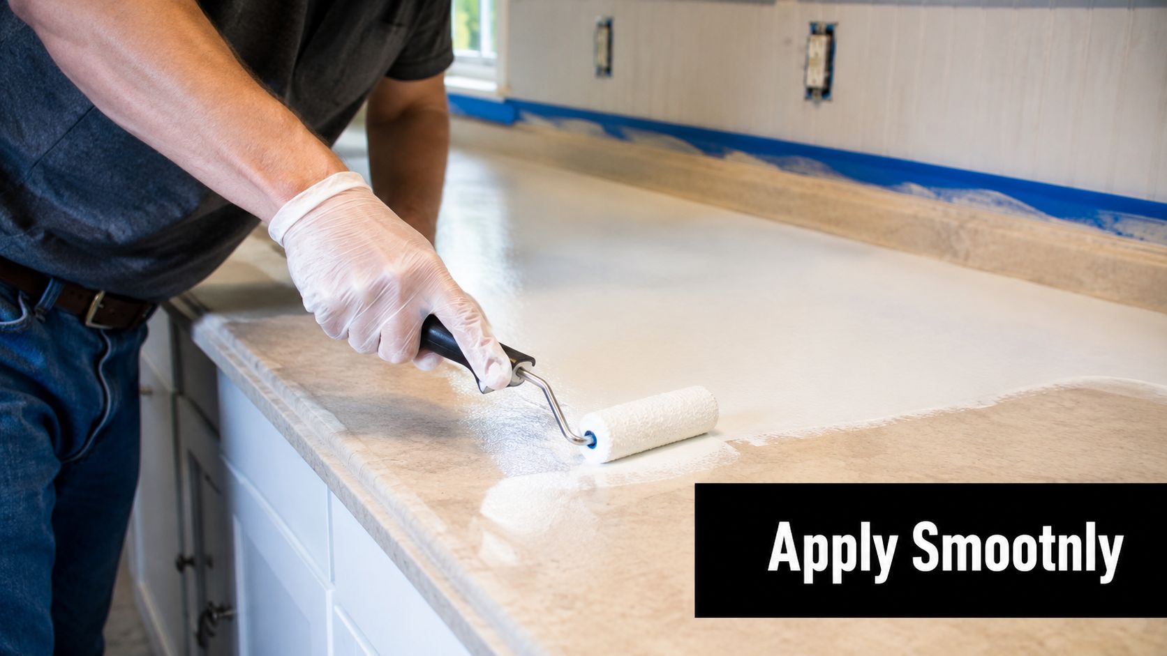 A person wearing protective gloves uses a paint roller to apply white coating to a laminate countertop surface.