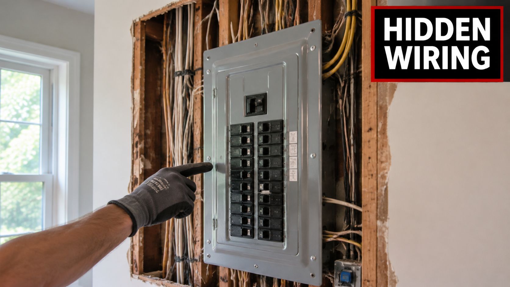 A gloved hand points to a home electrical breaker panel exposed within an unfinished wall frame.