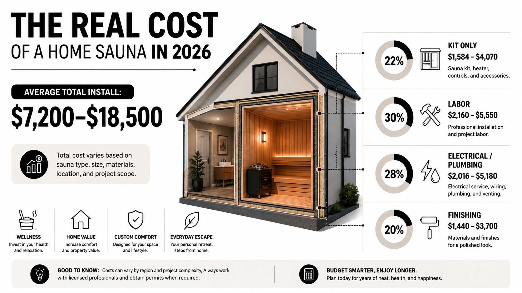 A detailed infographic showing the estimated 2026 installation costs for a home sauna, broken down by category.