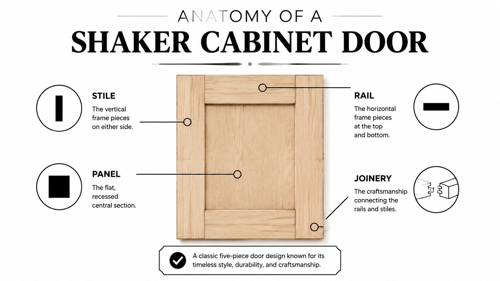 A diagram illustrating the anatomy of a shaker cabinet door, labeling the stiles, rails, panel, and joinery.