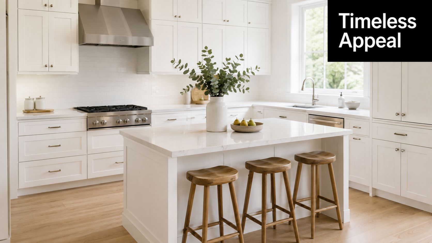 A modern white kitchen featuring shaker cabinets, a marble island with wooden stools, and stainless steel appliances.