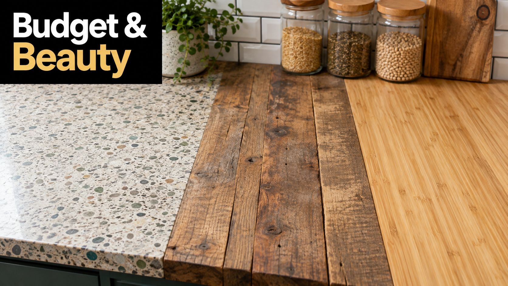 A kitchen countertop featuring three distinct surface materials including terrazzo, reclaimed wood, and bamboo panels.