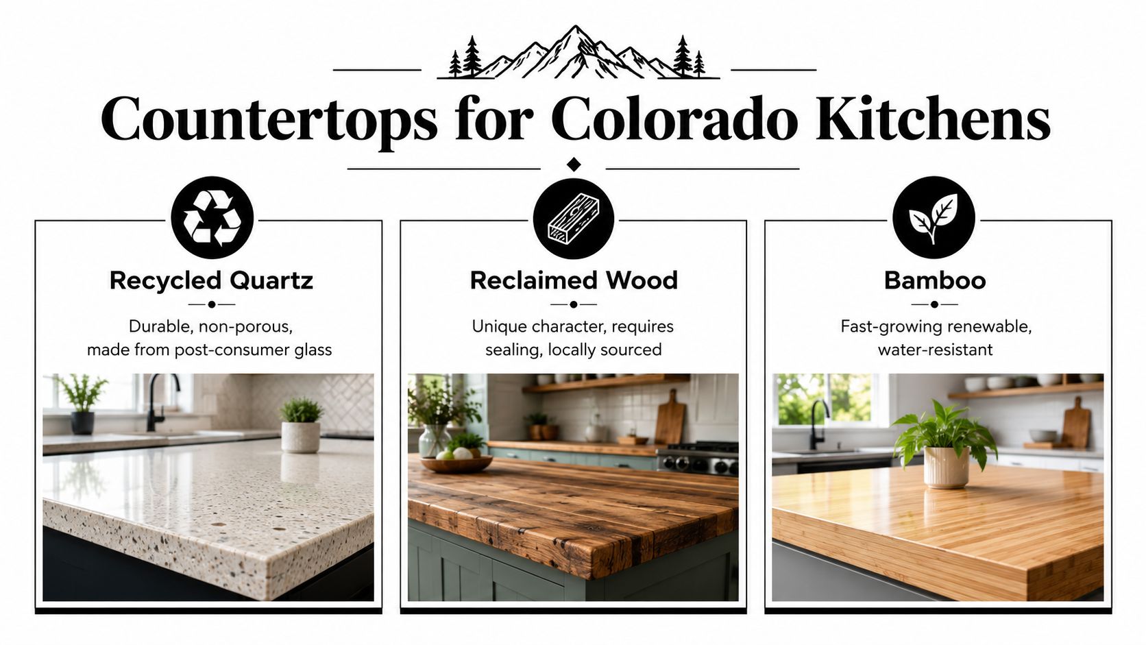 A graphic featuring three sustainable kitchen countertop options including recycled quartz, reclaimed wood, and bamboo for Colorado homes.