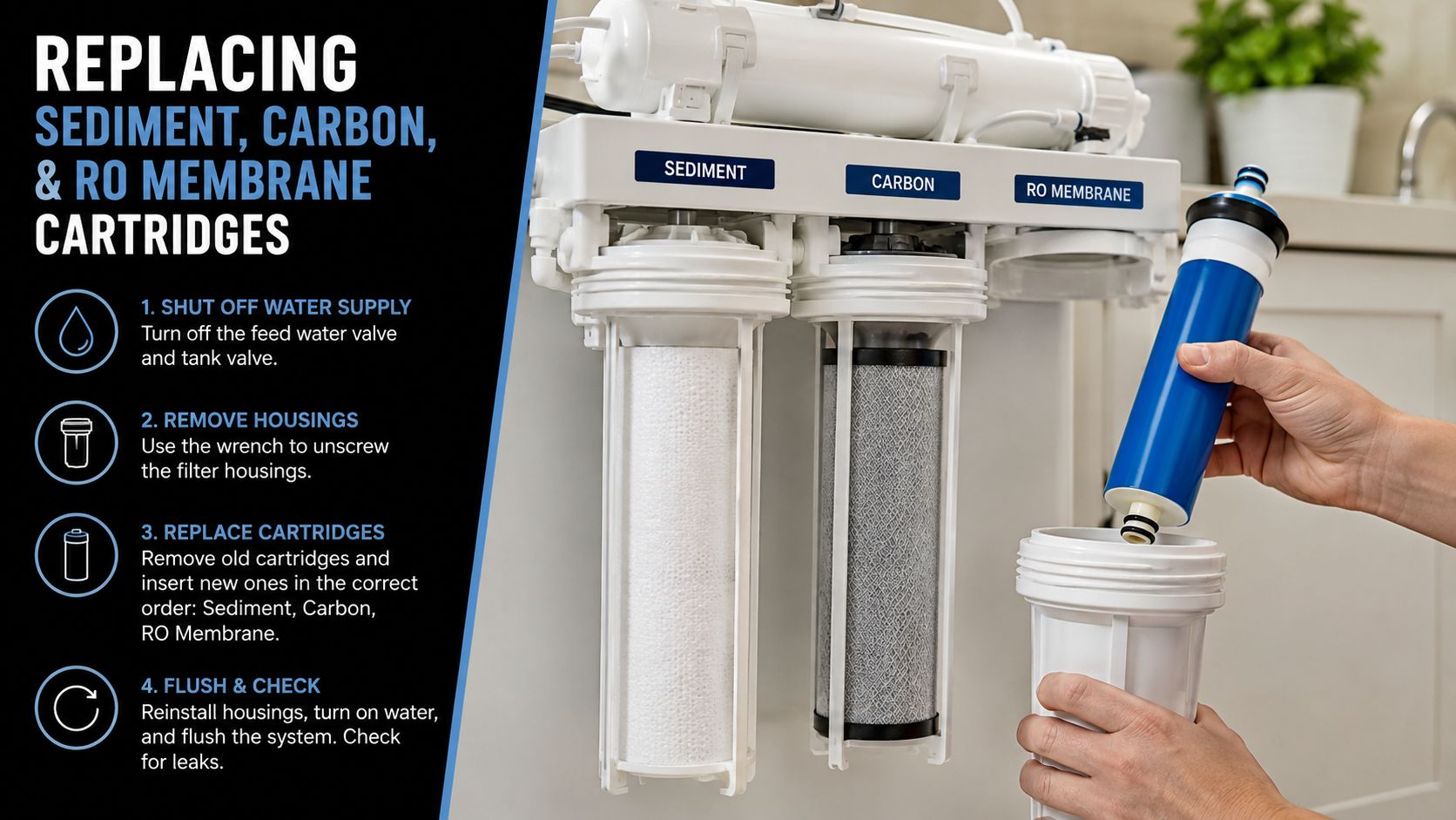 A person changing a reverse osmosis water filter cartridge on a home filtration system in a kitchen.