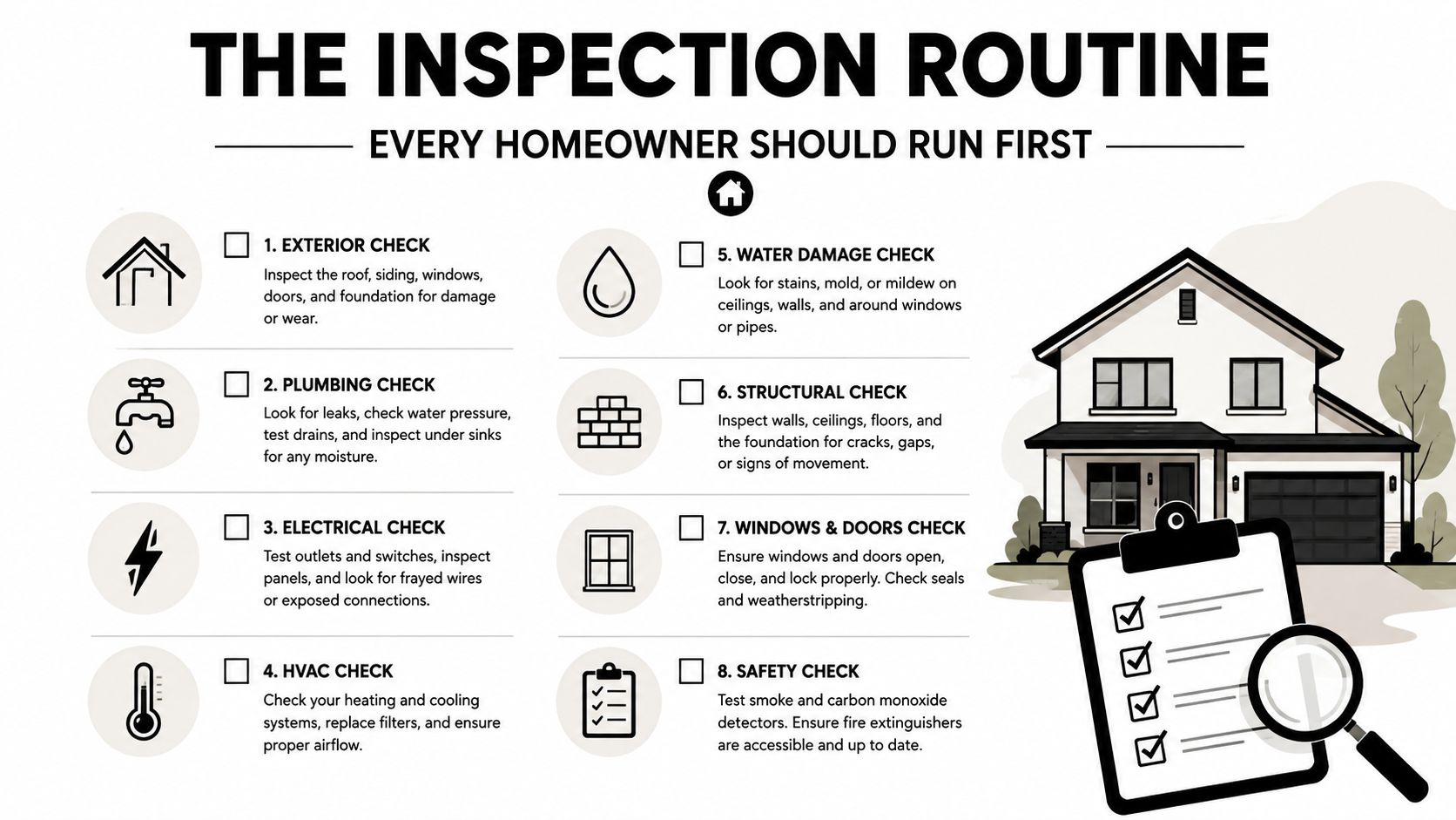 An informative infographic listing eight essential inspection steps every homeowner should perform for home maintenance.