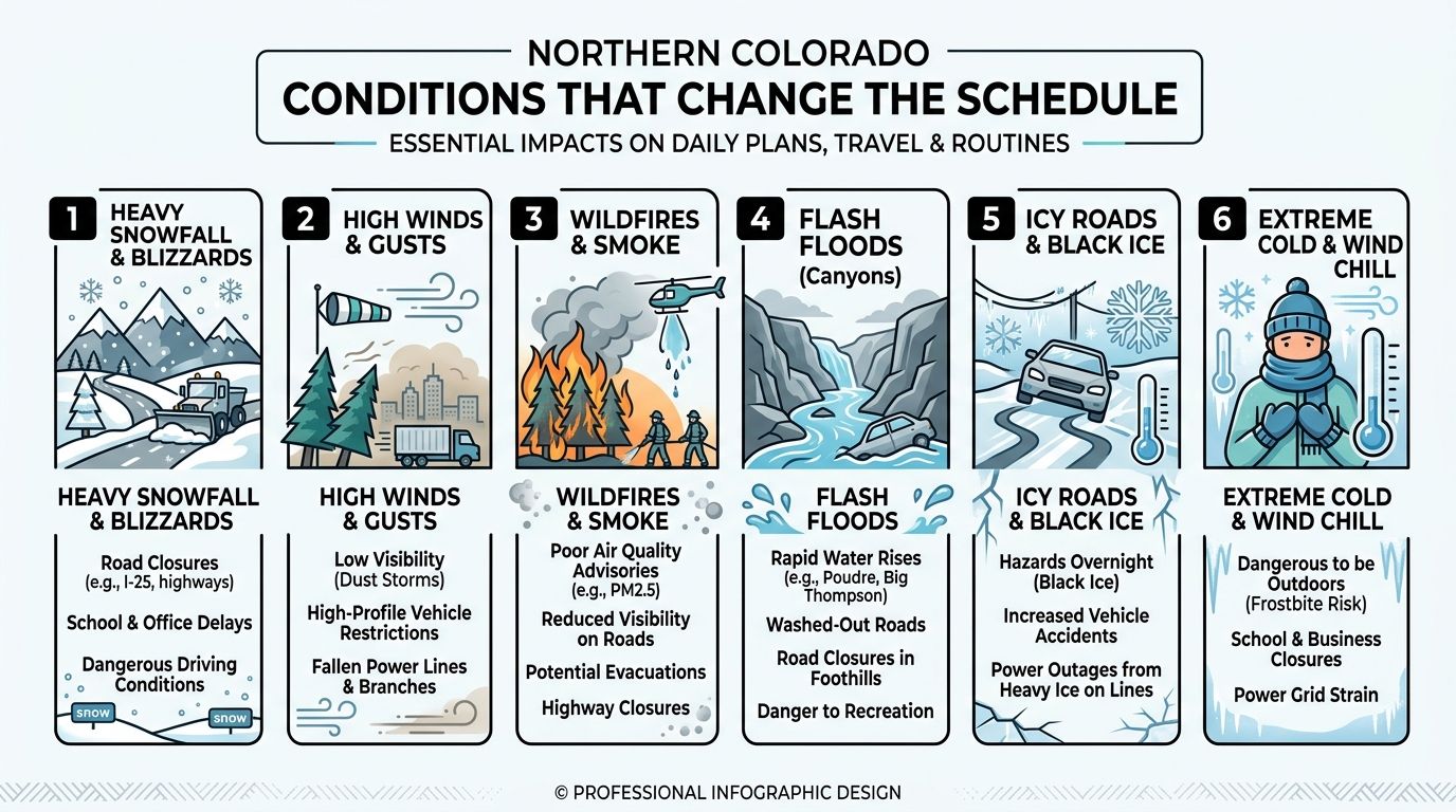 An infographic detailing six weather and environmental conditions in Northern Colorado that disrupt daily schedules and travel.