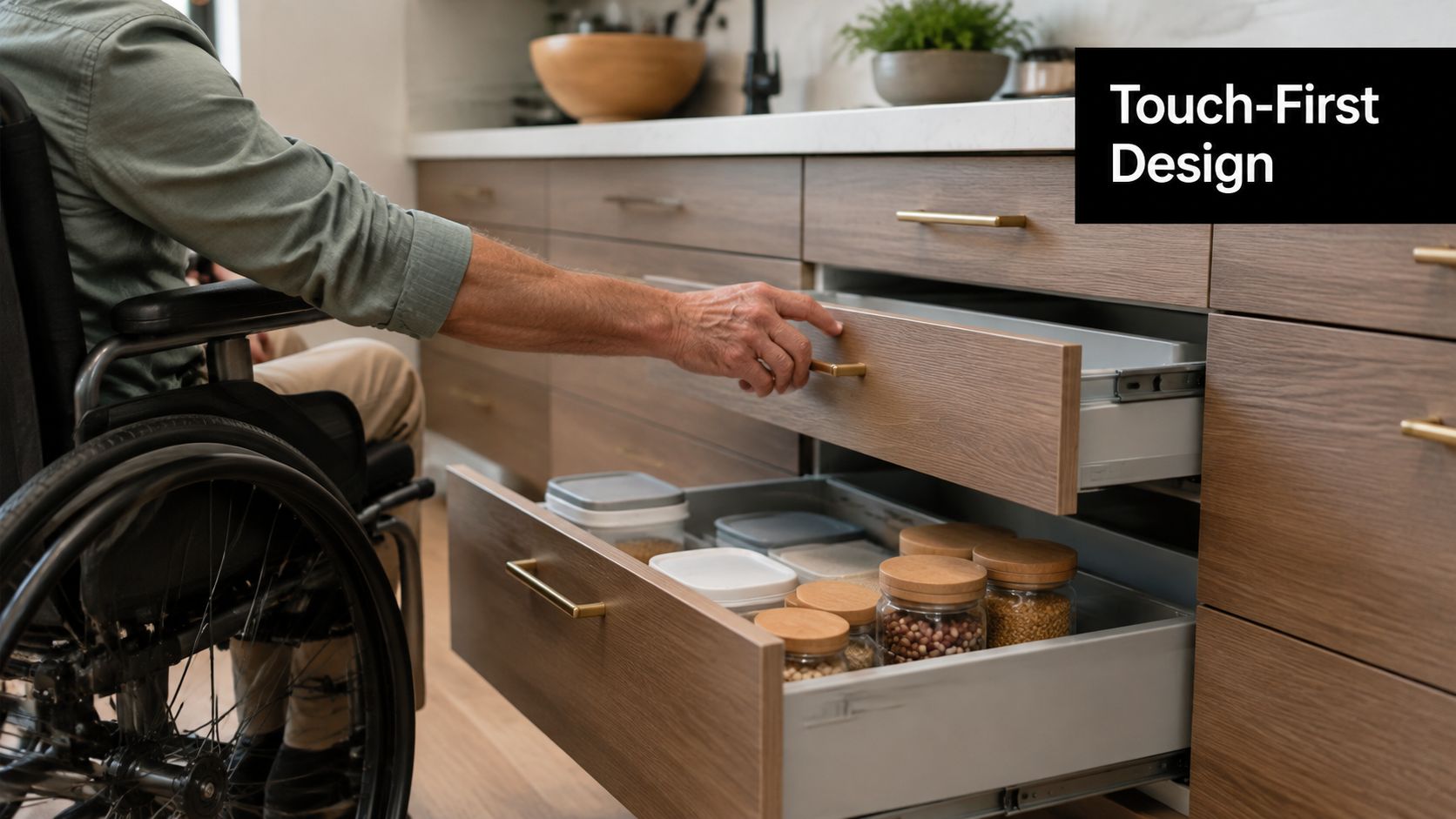 A person in a wheelchair reaching for a handle on a lower cabinet in a kitchen.