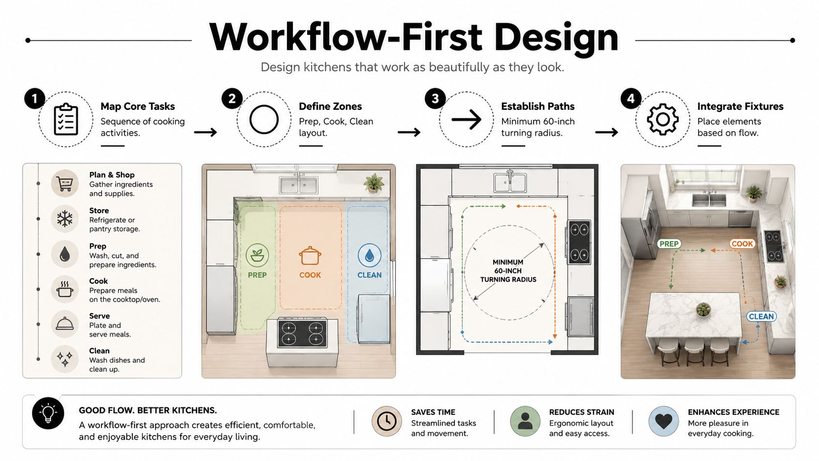 An infographic showing four steps for designing a wheelchair accessible kitchen with efficient workflow, zones, and movement paths.