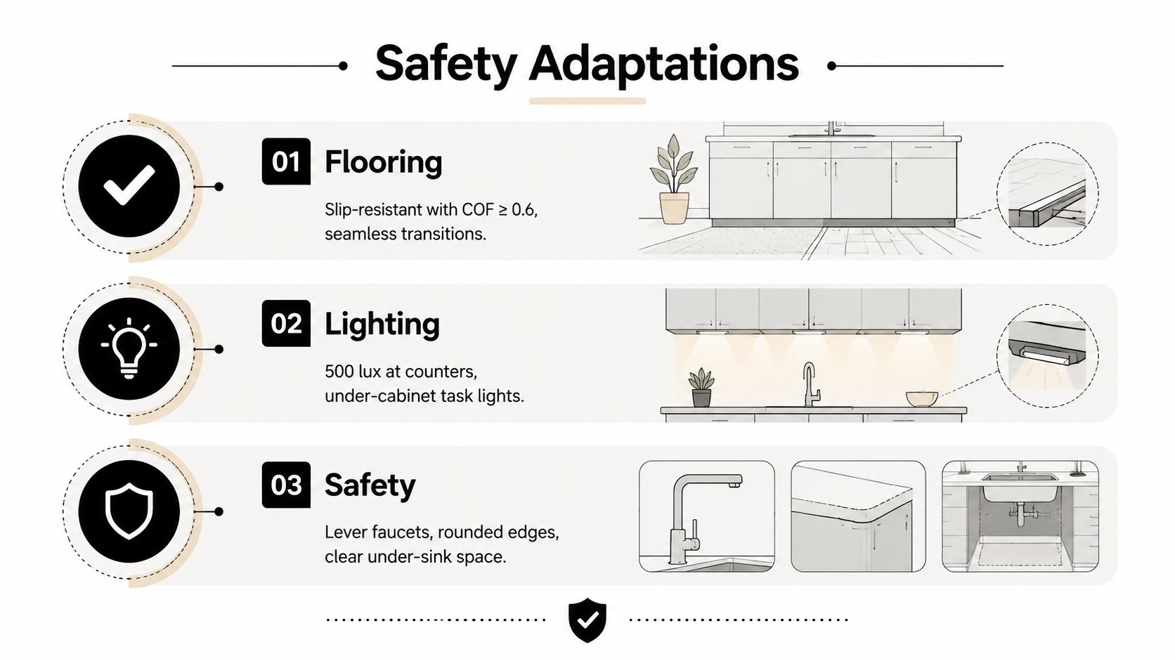 An infographic illustrating key safety adaptations for a wheelchair accessible kitchen including flooring, lighting, and sink features.