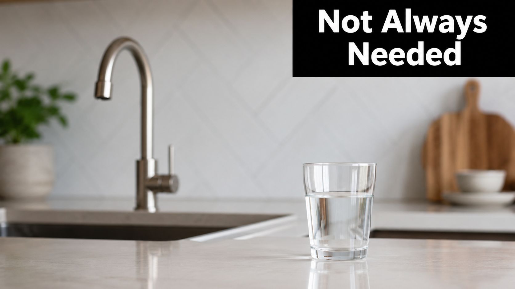 A clear glass of water sits on a clean kitchen countertop next to a modern metal faucet.