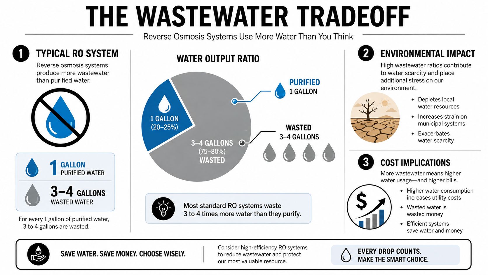 An infographic showing that reverse osmosis water systems waste three to four gallons of water per gallon produced.