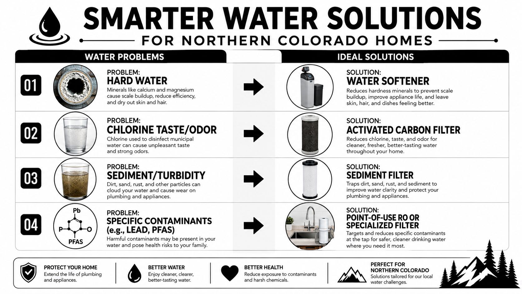A chart comparing common Northern Colorado water problems and their corresponding home filtration solution systems.