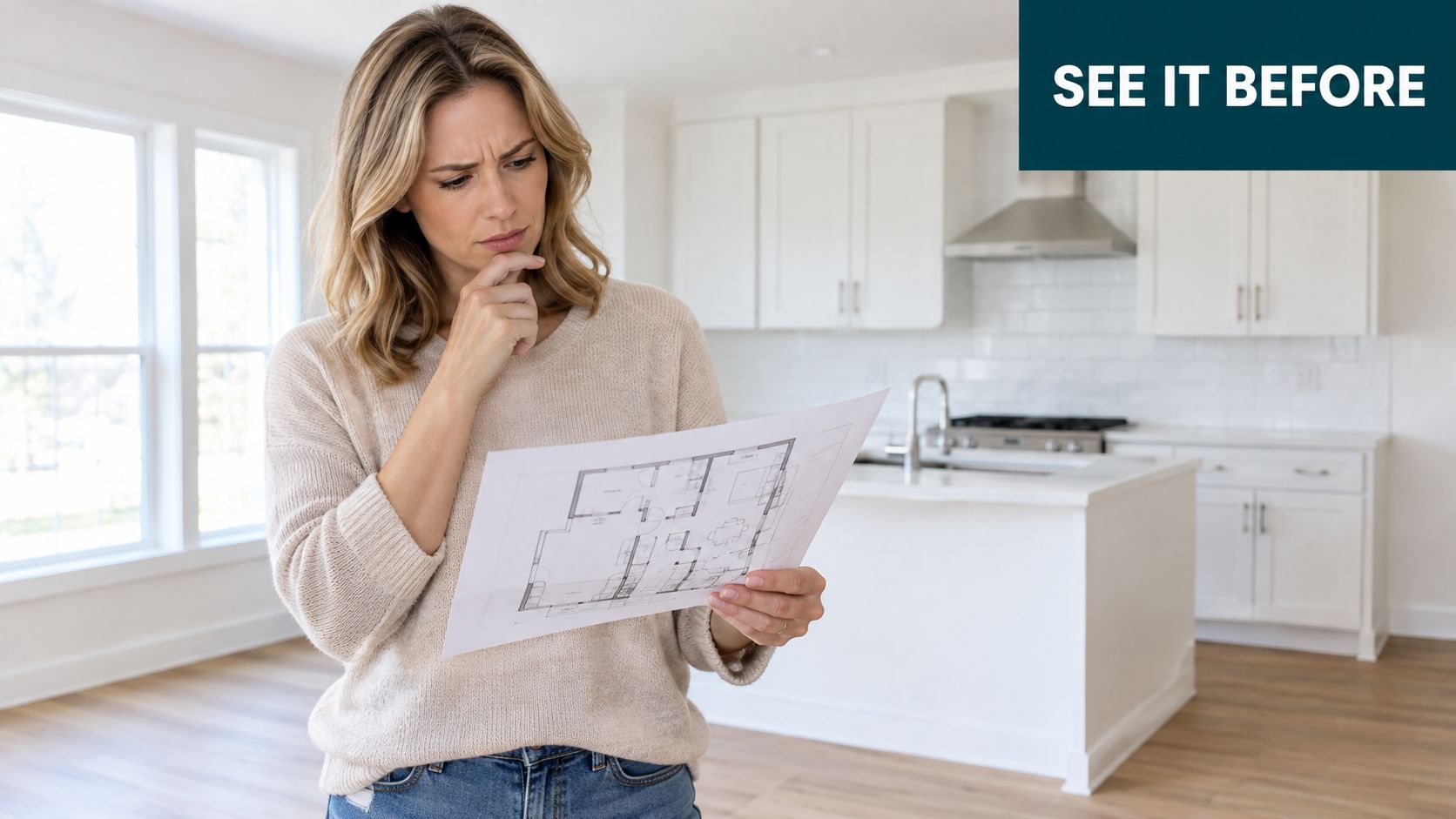 A pensive woman holds blueprints for a house design while standing in a modern empty kitchen.
