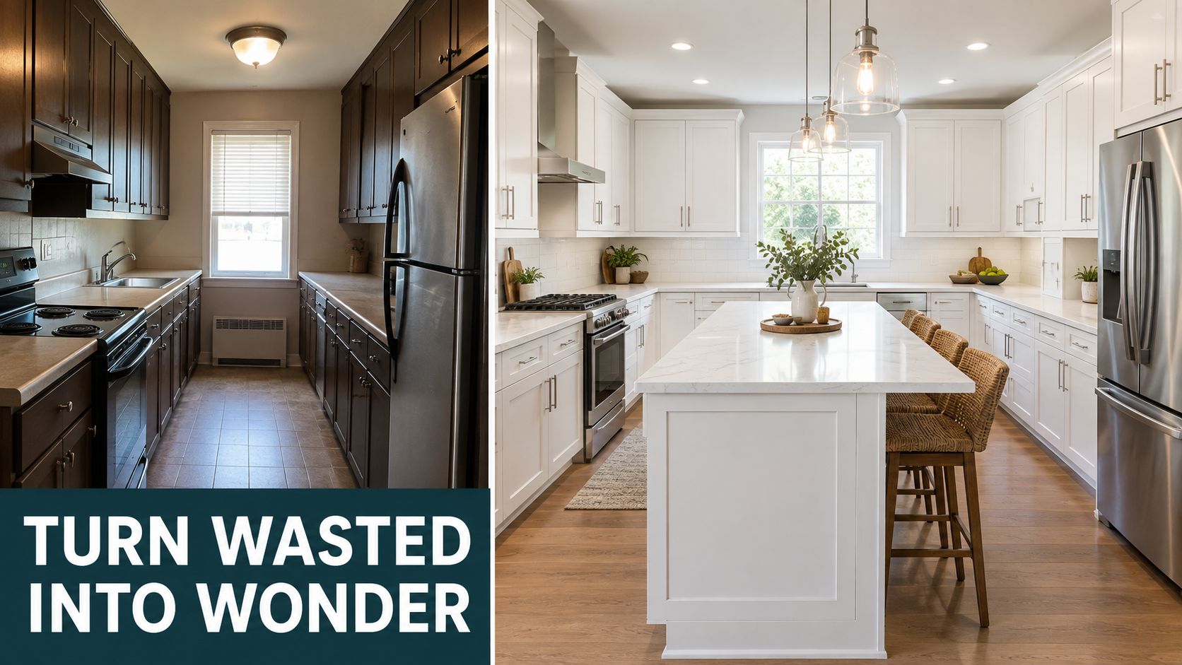 A split view comparison showing a dark, dated kitchen renovation transformed into a bright modern white kitchen.