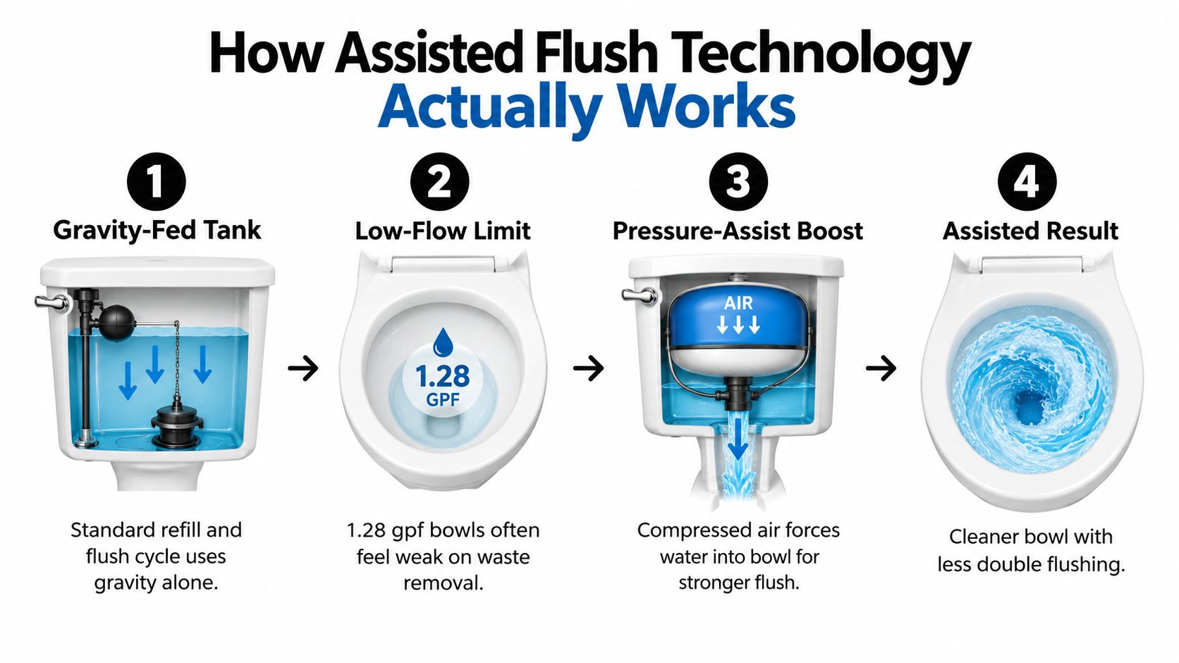 A four-step diagram explaining how pressure-assisted toilet flush technology improves cleaning power compared to gravity-fed systems.