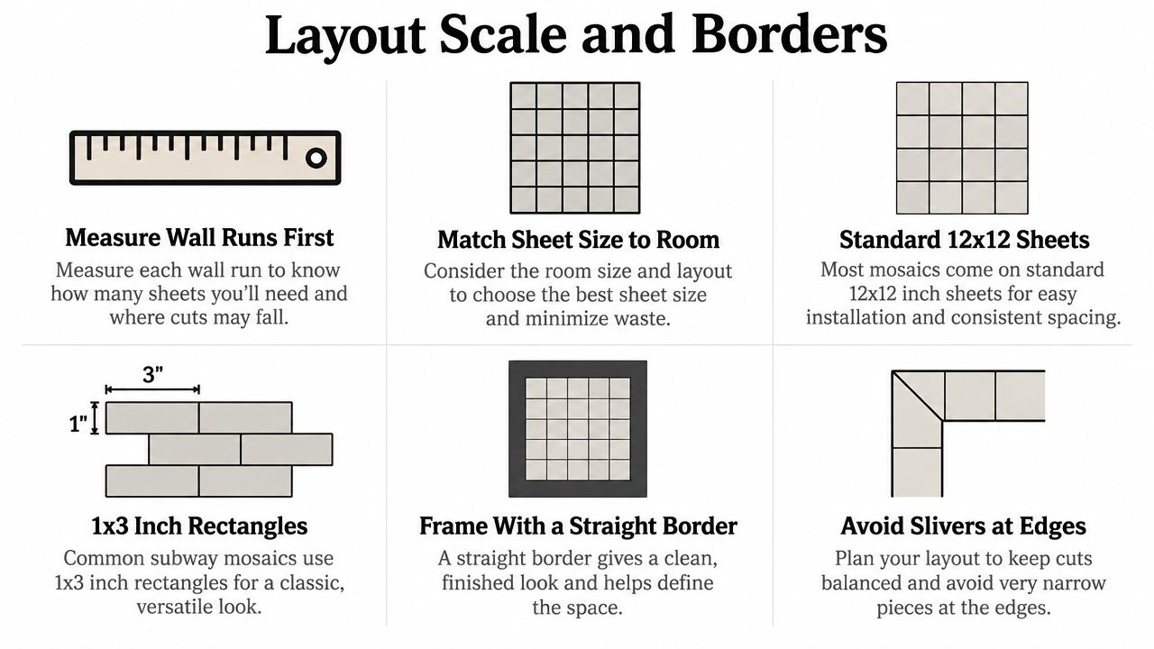 An infographic titled Layout Scale and Borders providing tips for planning mosaic tile installations for walls.