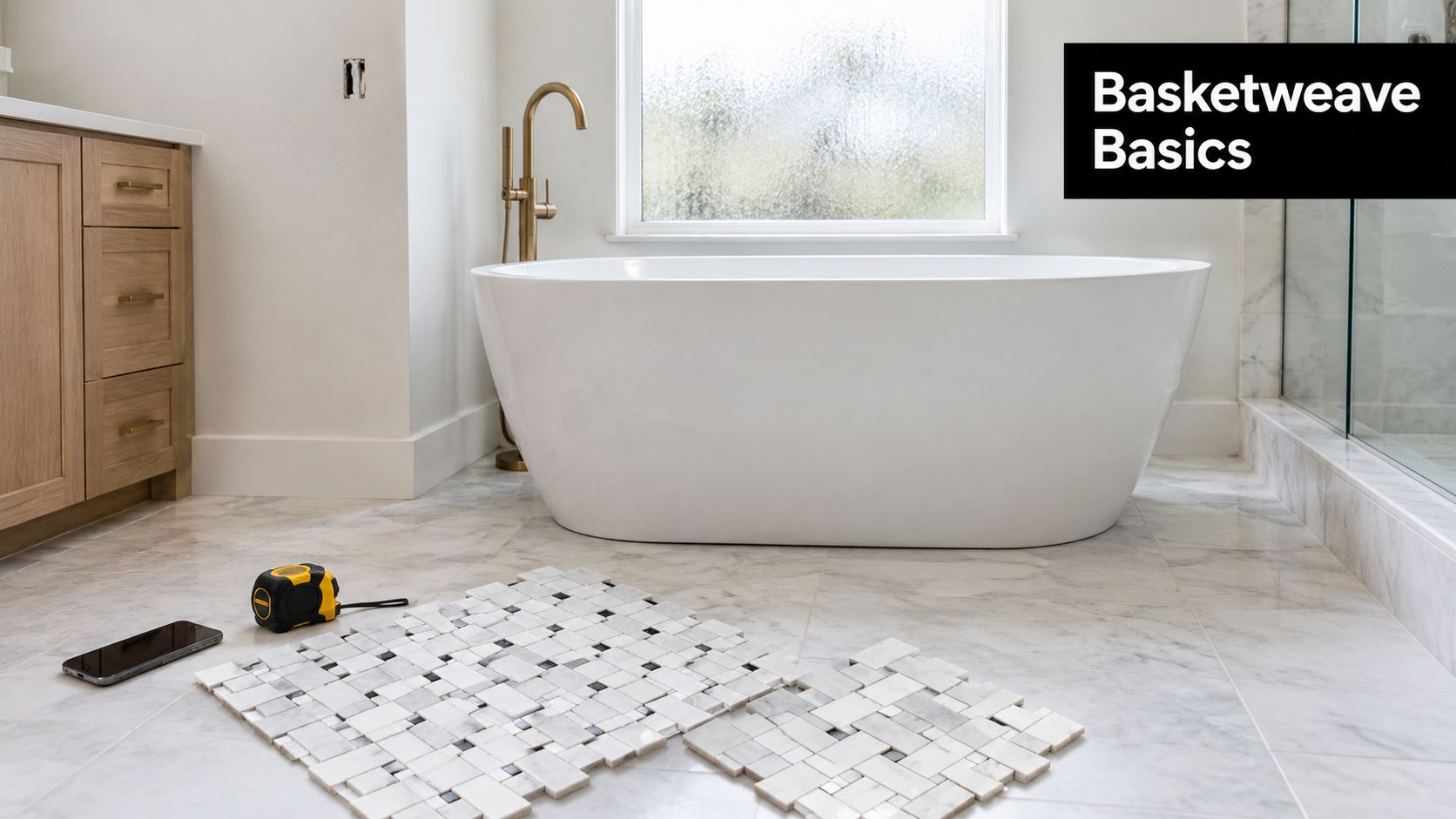 A modern bathroom floor featuring basketweave marble tile samples next to a white freestanding bathtub and vanity.