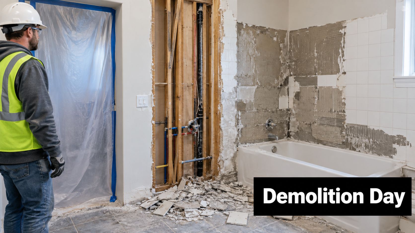 A construction worker in safety gear stands in a bathroom undergoing a major demolition process.