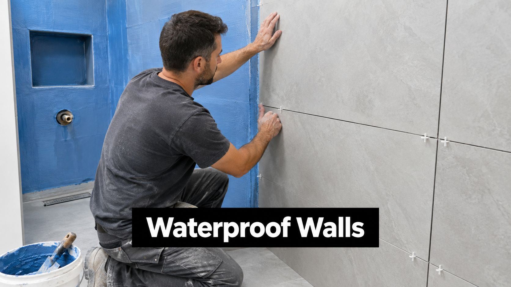 A professional construction worker carefully installing large grey wall tiles in a bathroom renovation project.
