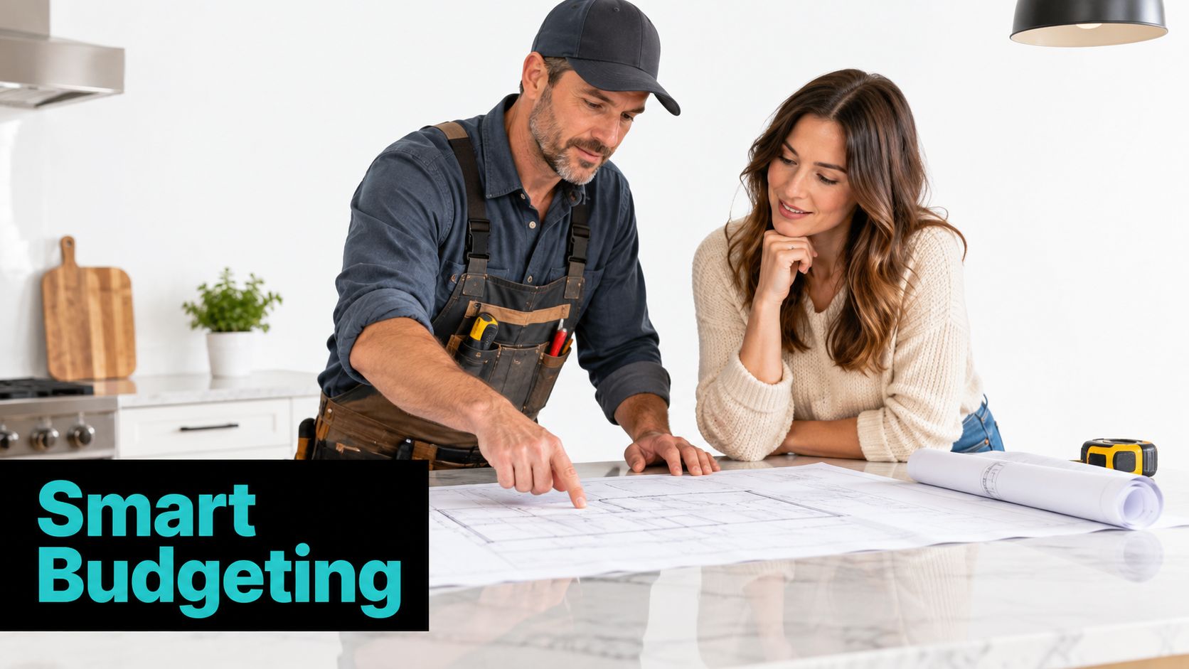 A professional contractor in work overalls explains architectural blueprints to a homeowner in a modern kitchen.