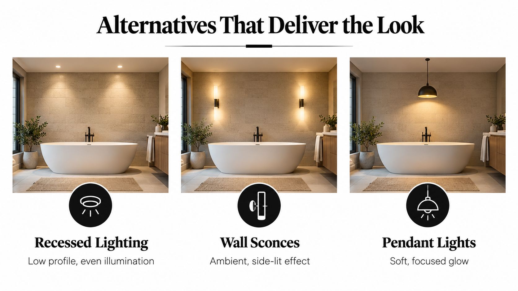 A comparison of three different lighting styles for a bathroom including recessed, sconce, and pendant lights.