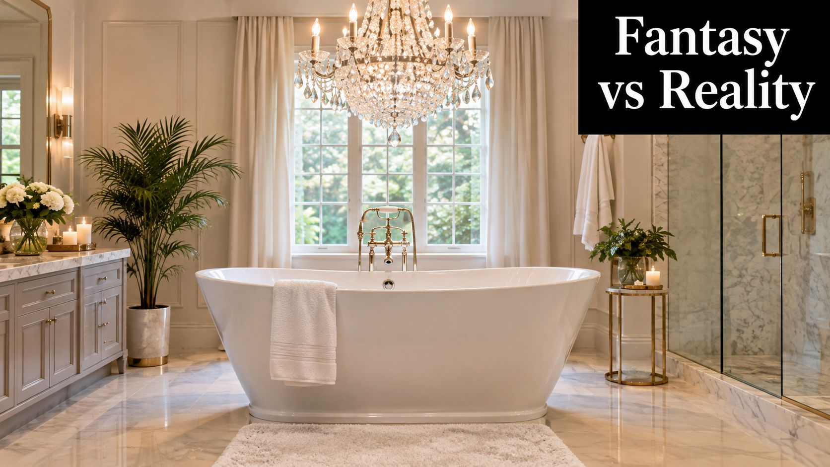 A luxurious bathroom featuring a elegant crystal chandelier hanging directly over a pristine white freestanding bathtub.
