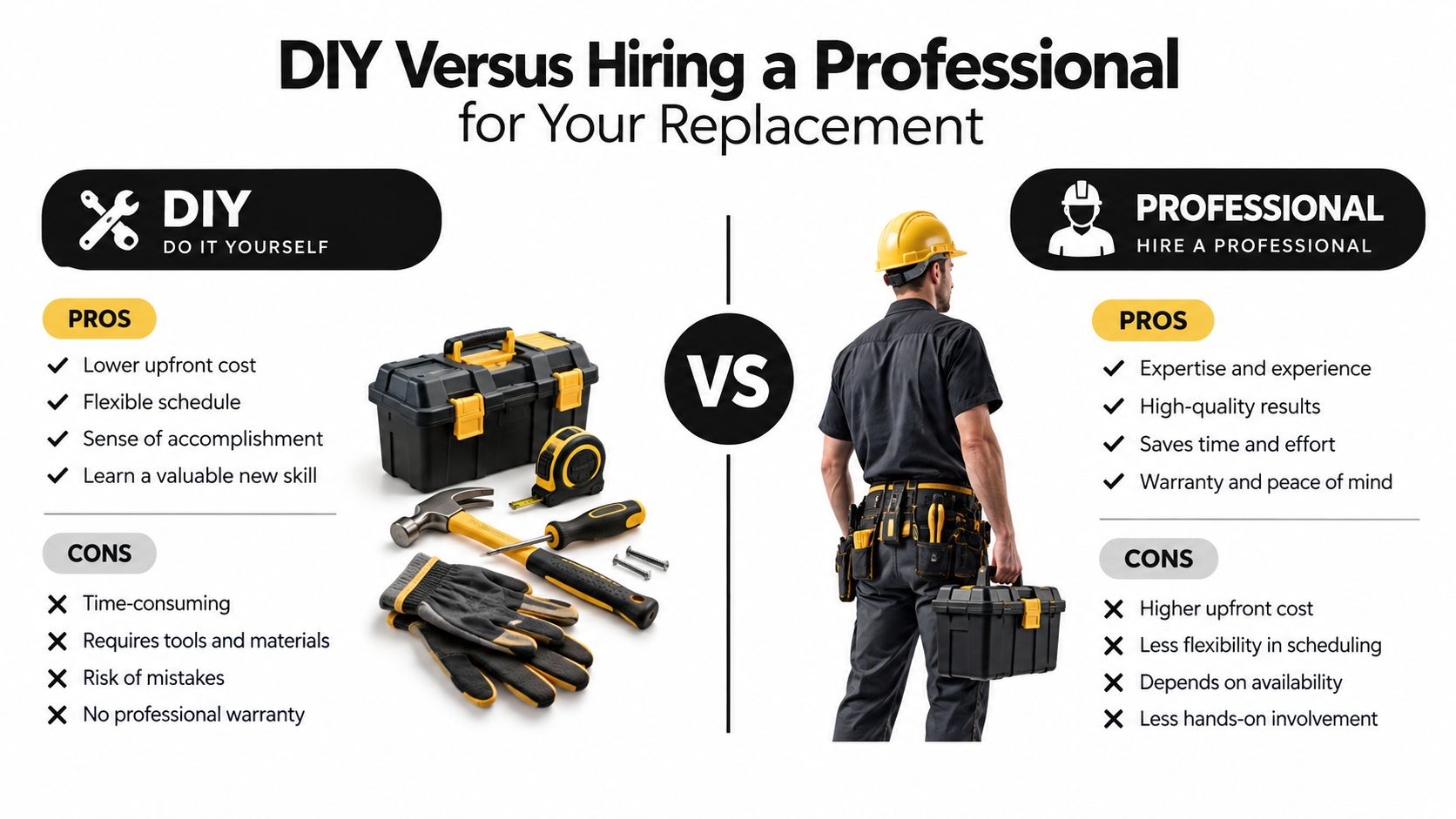 A comparison infographic showing the pros and cons of DIY home repair versus hiring a professional contractor.
