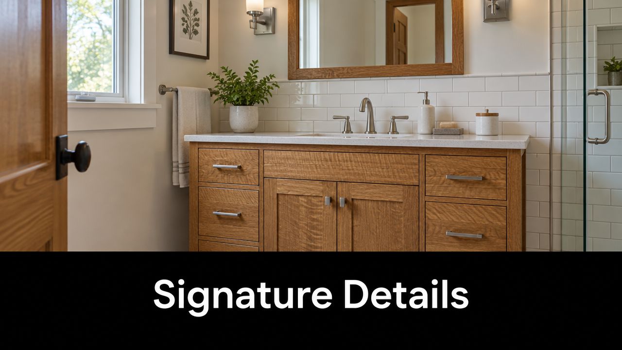 A craftsman style bathroom featuring a wooden vanity, white subway tile backsplash, and elegant metal fixtures.