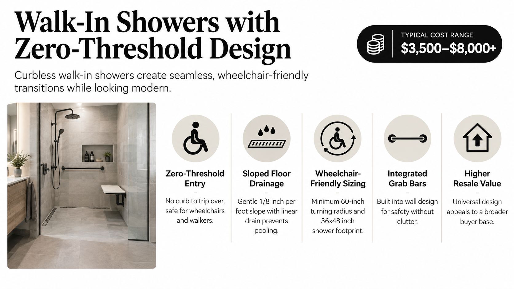 A modern curbless walk-in shower design features grab bars and wheelchair accessibility for a safe bathroom.