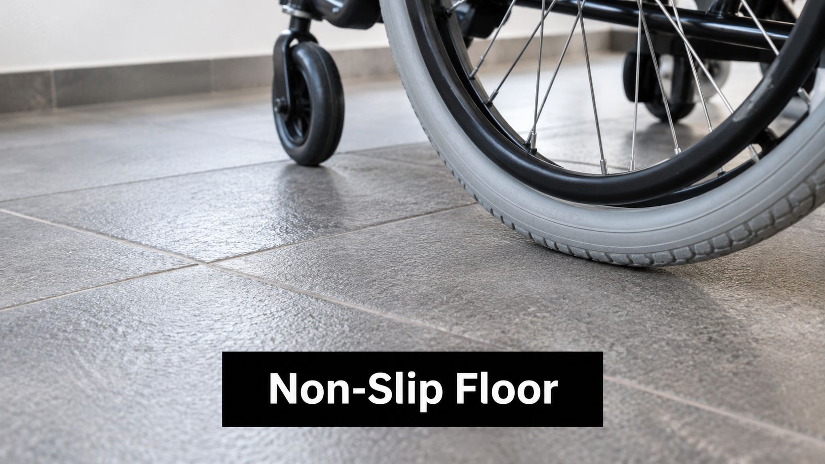 A close-up view of a wheelchair wheel resting on textured, dark grey non-slip floor tiles.
