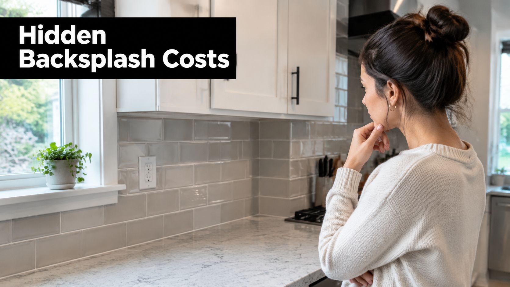 A woman stands in a modern kitchen looking thoughtfully at a newly installed gray subway tile backsplash.