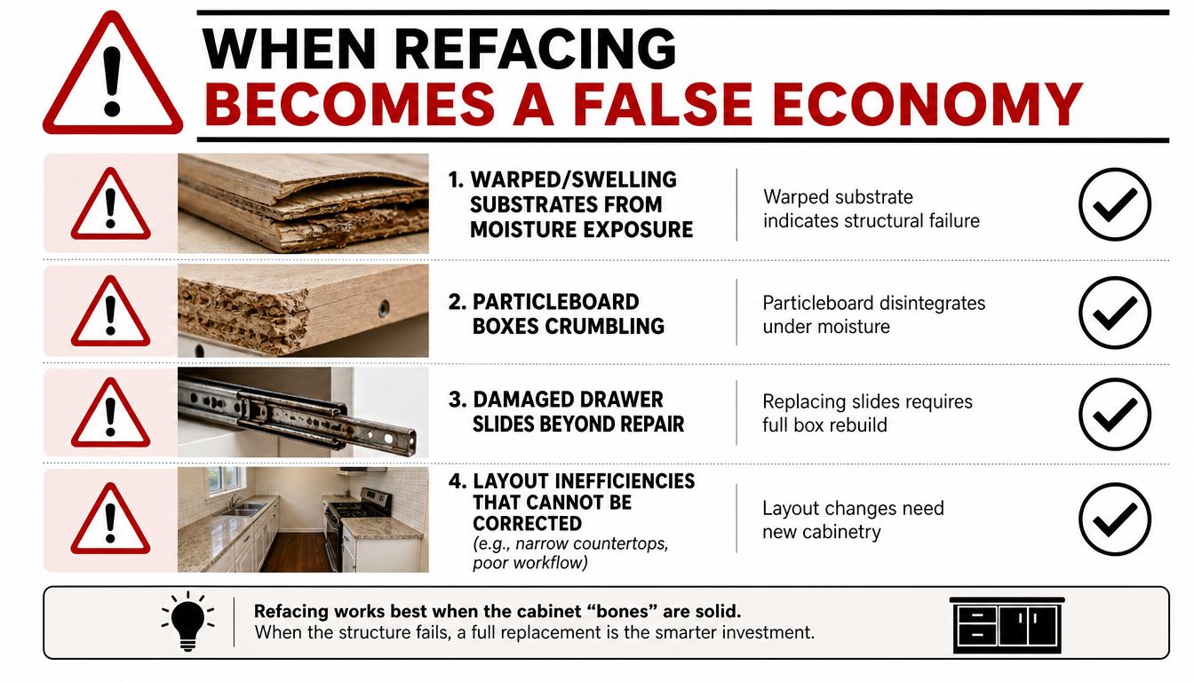 An infographic detailing four reasons why kitchen cabinet refacing might be a false economy due to structural damage.