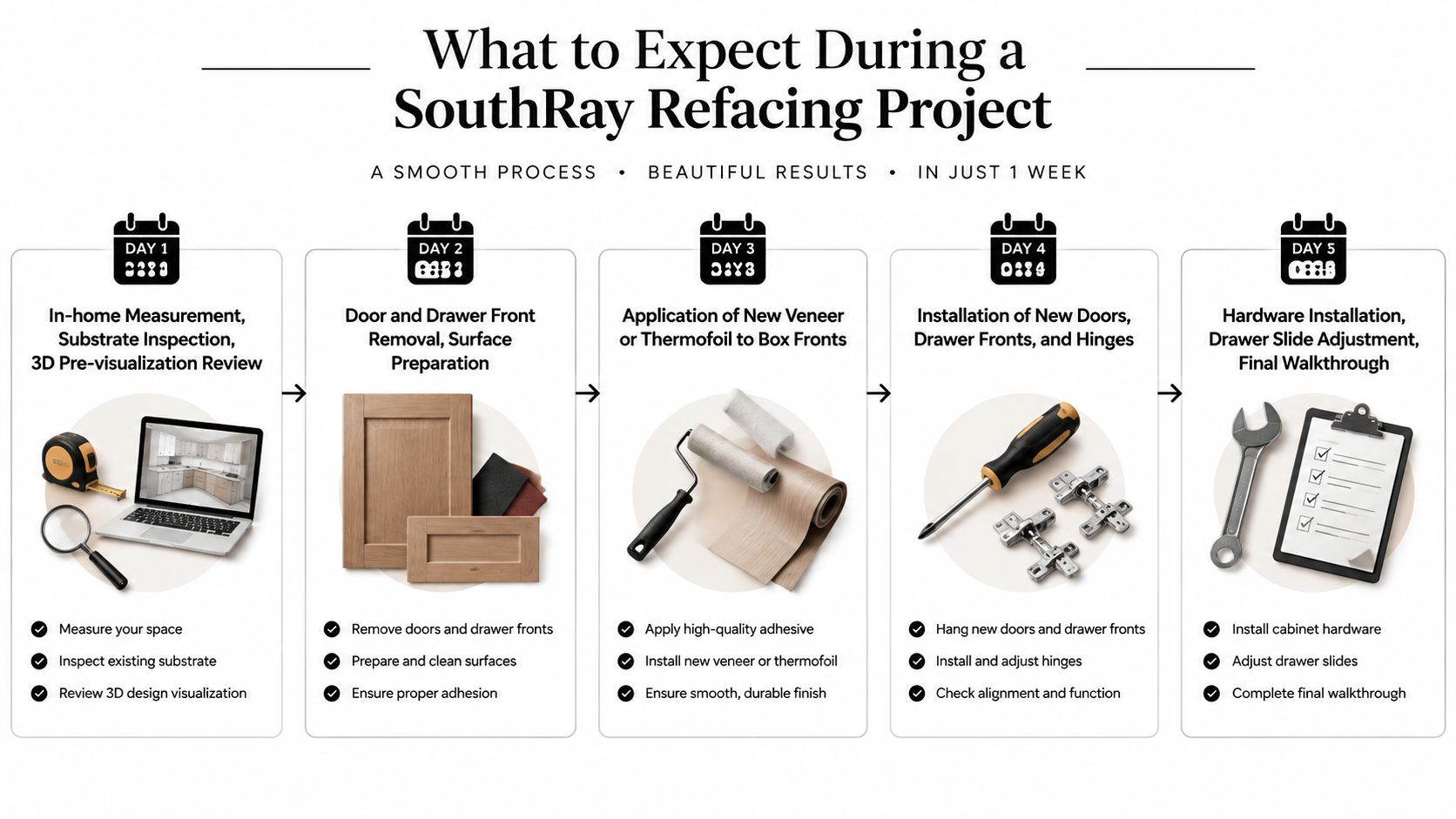 A five-day schedule graphic illustrating the step-by-step process of professional kitchen cabinet refacing by SouthRay.