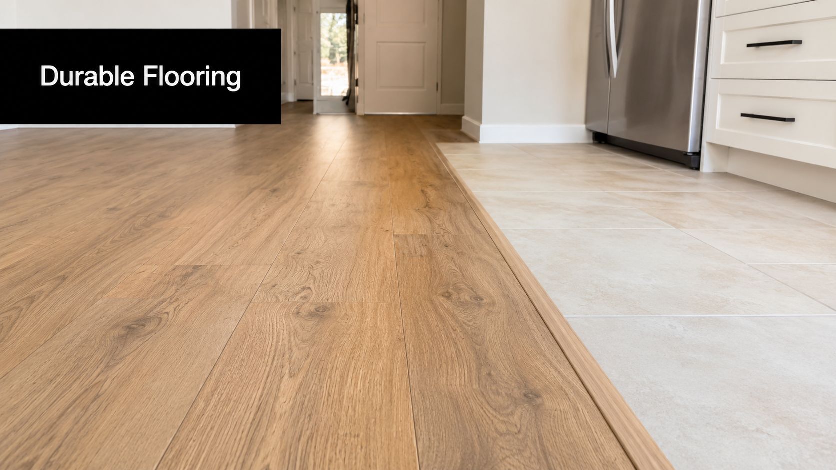 Transition between warm wood laminate flooring and light ceramic tiles in a modern residential kitchen.
